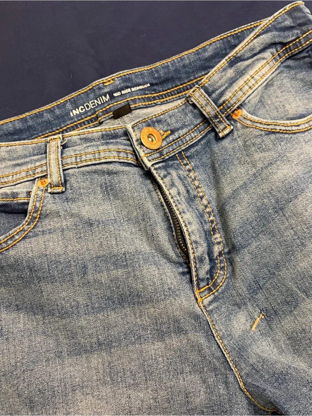 Womens Faded Blue Denim Bermuda Shorts with Indigo Trim Size 12